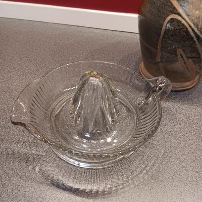 SIGNED CLAY PITCHER AND GLASS JUICER