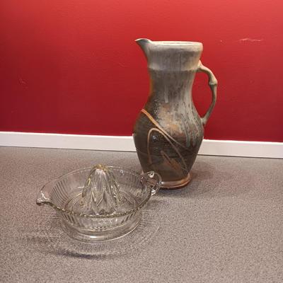 SIGNED CLAY PITCHER AND GLASS JUICER