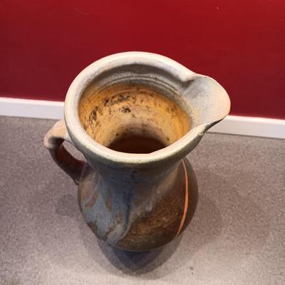 SIGNED CLAY PITCHER AND GLASS JUICER