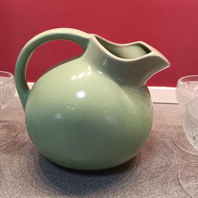 VINTAGE USA STONEWARE BALL PITCHER W/6 GLASS SHERBET CUPS