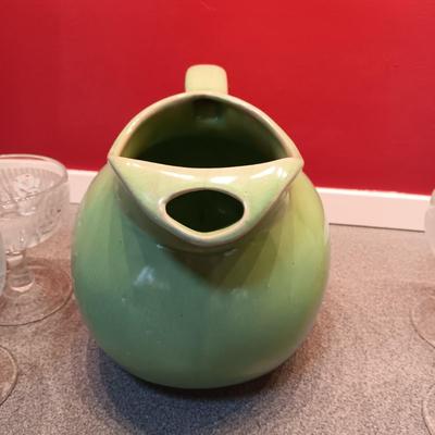 VINTAGE USA STONEWARE BALL PITCHER W/6 GLASS SHERBET CUPS