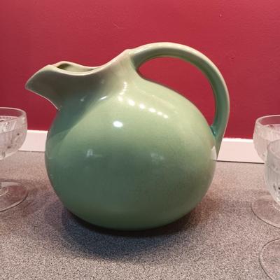 VINTAGE USA STONEWARE BALL PITCHER W/6 GLASS SHERBET CUPS