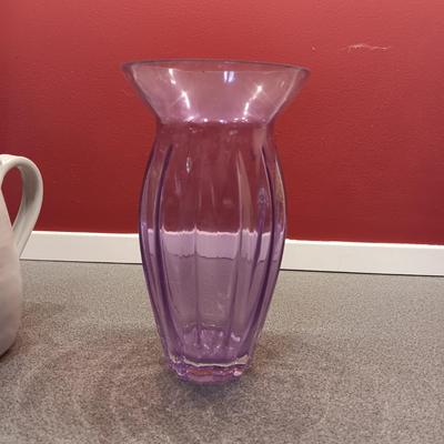 SIGNED CLAY PITCHER, CRYSTAL AND PURPLE VASES