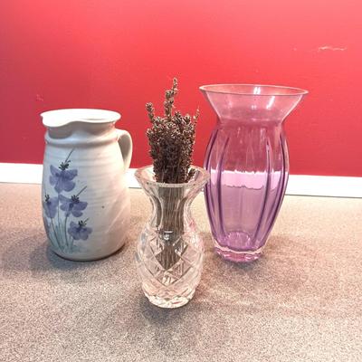 SIGNED CLAY PITCHER, CRYSTAL AND PURPLE VASES