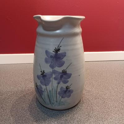 SIGNED CLAY PITCHER, CRYSTAL AND PURPLE VASES