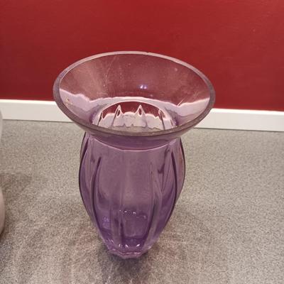 SIGNED CLAY PITCHER, CRYSTAL AND PURPLE VASES