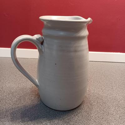 SIGNED CLAY PITCHER, CRYSTAL AND PURPLE VASES
