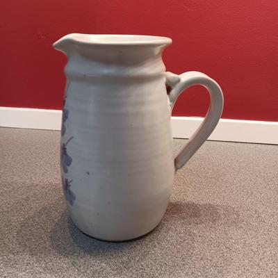 SIGNED CLAY PITCHER, CRYSTAL AND PURPLE VASES