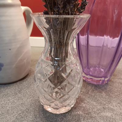 SIGNED CLAY PITCHER, CRYSTAL AND PURPLE VASES