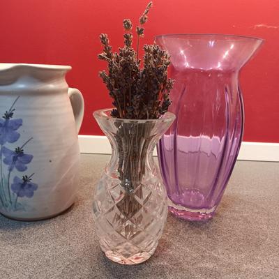 SIGNED CLAY PITCHER, CRYSTAL AND PURPLE VASES