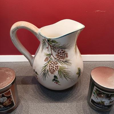 PINECONE PITCHER AND 2 JAR CANDLES