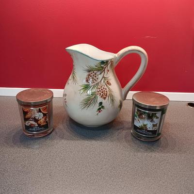 PINECONE PITCHER AND 2 JAR CANDLES