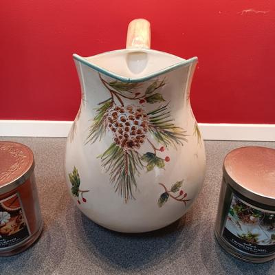 PINECONE PITCHER AND 2 JAR CANDLES
