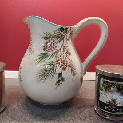 PINECONE PITCHER AND 2 JAR CANDLES