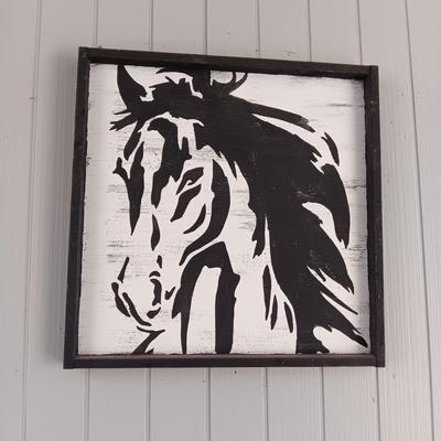 CANVAS ON WOOD FRAME FARM SCENE AND PAINTED HORSE ON WOOD