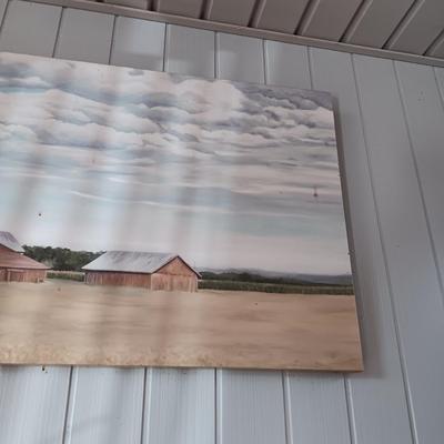 CANVAS ON WOOD FRAME FARM SCENE AND PAINTED HORSE ON WOOD