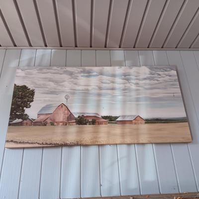CANVAS ON WOOD FRAME FARM SCENE AND PAINTED HORSE ON WOOD