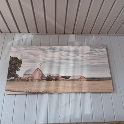 CANVAS ON WOOD FRAME FARM SCENE AND PAINTED HORSE ON WOOD
