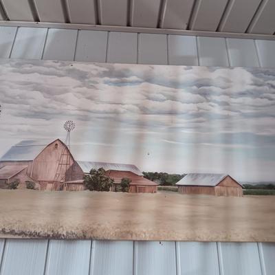 CANVAS ON WOOD FRAME FARM SCENE AND PAINTED HORSE ON WOOD