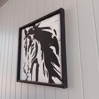 CANVAS ON WOOD FRAME FARM SCENE AND PAINTED HORSE ON WOOD