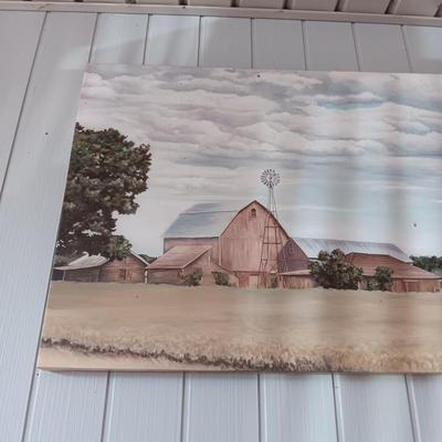 CANVAS ON WOOD FRAME FARM SCENE AND PAINTED HORSE ON WOOD