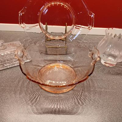 PINK DEPRESSION GLASS BOWL AND PLATE, CRYSTAL BUTTER DISH AND LENOX VASE