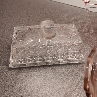 PINK DEPRESSION GLASS BOWL AND PLATE, CRYSTAL BUTTER DISH AND LENOX VASE