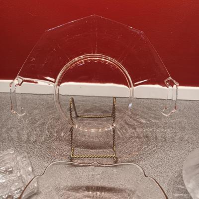 PINK DEPRESSION GLASS BOWL AND PLATE, CRYSTAL BUTTER DISH AND LENOX VASE