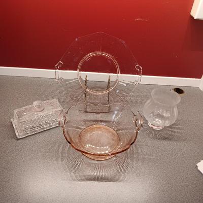 PINK DEPRESSION GLASS BOWL AND PLATE, CRYSTAL BUTTER DISH AND LENOX VASE
