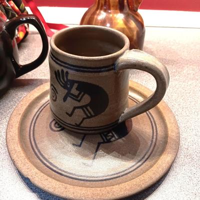 PORCELAIN TEAPOT WITH A WRAP, CLAY MUG AND PLATE PLUS MARBLED GLASS PITCHER