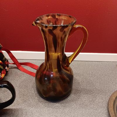 PORCELAIN TEAPOT WITH A WRAP, CLAY MUG AND PLATE PLUS MARBLED GLASS PITCHER
