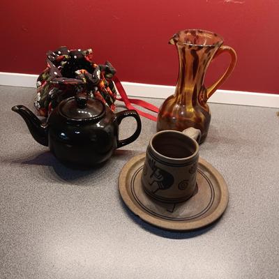 PORCELAIN TEAPOT WITH A WRAP, CLAY MUG AND PLATE PLUS MARBLED GLASS PITCHER