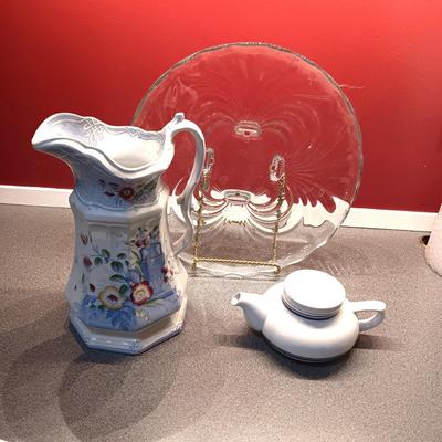 IRONSTONE INDIAN PITCHER, FOOTED GLASS PLATTER AND SMALL TEAPOT