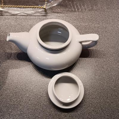 IRONSTONE INDIAN PITCHER, FOOTED GLASS PLATTER AND SMALL TEAPOT