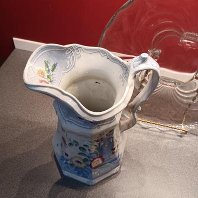 IRONSTONE INDIAN PITCHER, FOOTED GLASS PLATTER AND SMALL TEAPOT