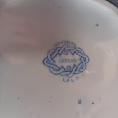IRONSTONE INDIAN PITCHER, FOOTED GLASS PLATTER AND SMALL TEAPOT