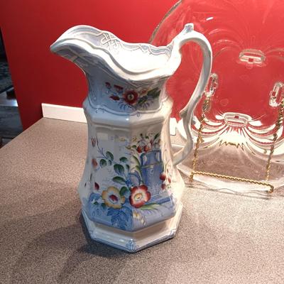 IRONSTONE INDIAN PITCHER, FOOTED GLASS PLATTER AND SMALL TEAPOT