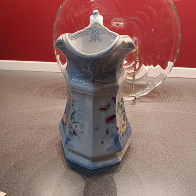 IRONSTONE INDIAN PITCHER, FOOTED GLASS PLATTER AND SMALL TEAPOT