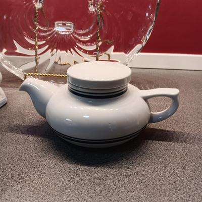 IRONSTONE INDIAN PITCHER, FOOTED GLASS PLATTER AND SMALL TEAPOT