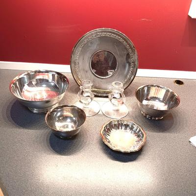 SILVER PLATED SERVING PIECES AND VINTAGE GLASS CANDLESTICKS