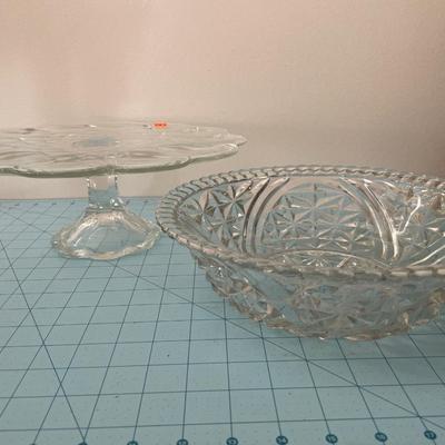 Glass cake stand and bowl