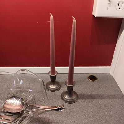 STERLING SILVER WEIGHTED CANDLESTICKS, STETSON DINNERWARE AND GLASS SERVING BOWL