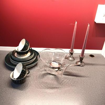 STERLING SILVER WEIGHTED CANDLESTICKS, STETSON DINNERWARE AND GLASS SERVING BOWL