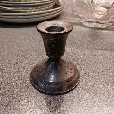 STERLING SILVER WEIGHTED CANDLESTICKS, STETSON DINNERWARE AND GLASS SERVING BOWL