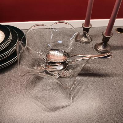 STERLING SILVER WEIGHTED CANDLESTICKS, STETSON DINNERWARE AND GLASS SERVING BOWL