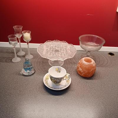 GLASS CAKE PLATE, TEA CUP AND SAUCER, CANDLE HOLDERS AND GLASS PAPER WEIGHT