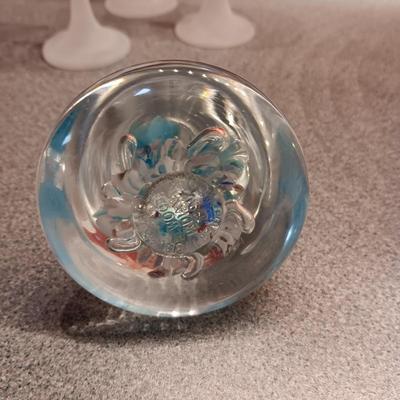 GLASS CAKE PLATE, TEA CUP AND SAUCER, CANDLE HOLDERS AND GLASS PAPER WEIGHT
