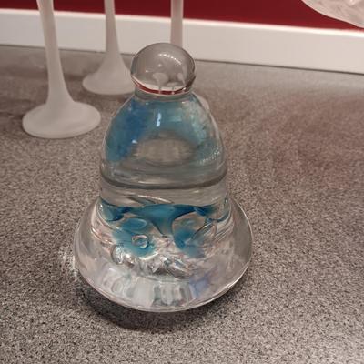 GLASS CAKE PLATE, TEA CUP AND SAUCER, CANDLE HOLDERS AND GLASS PAPER WEIGHT