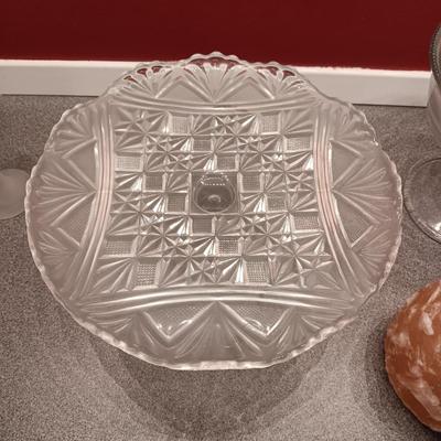 GLASS CAKE PLATE, TEA CUP AND SAUCER, CANDLE HOLDERS AND GLASS PAPER WEIGHT