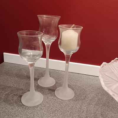 GLASS CAKE PLATE, TEA CUP AND SAUCER, CANDLE HOLDERS AND GLASS PAPER WEIGHT
